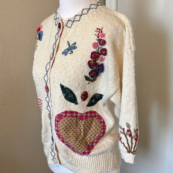 Americana 1990 Embroidered Cream Cardigan Sweater -size M? - Picture 2 of 13